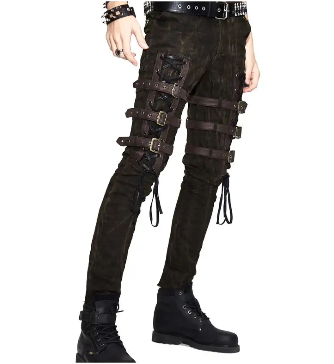 Gothic pants with multiple leather buckle straps and lace-up details, paired with black combat boots.