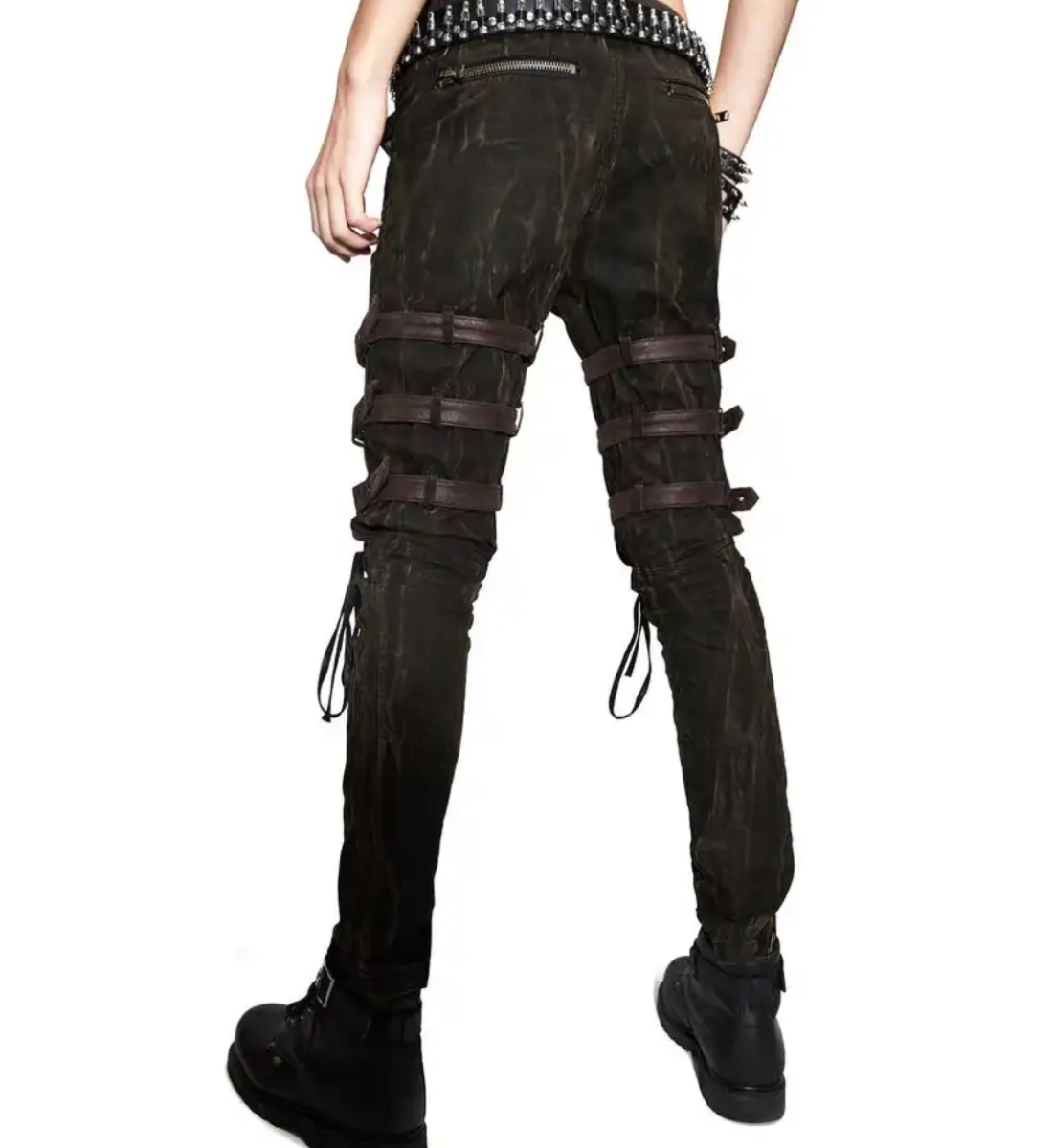 Gothic pants with multiple leather buckle straps and lace-up details, paired with black combat boots.
