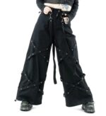 Women’s Black Gothic Strap Pants – Wide-Leg Streetwear