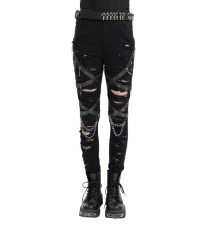 Women’s Black Gothic Chain Pants – Ripped Punk Style