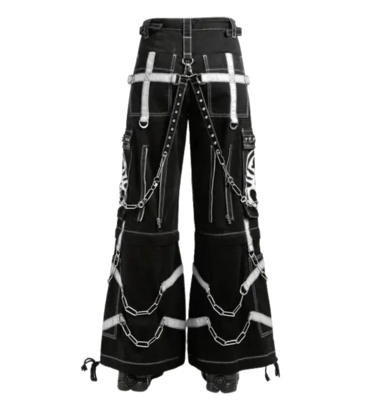 Back view of White Flame Gothic Cargo Pants with strap design and wide-leg fit – X Gothic