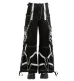 Front view of White Flame Rebellion Chain Cargo Pants with white flame art and metal chains – X Gothic.