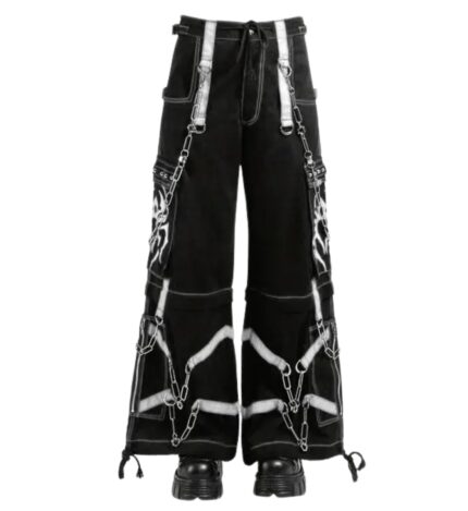 Front view of White Flame Rebellion Chain Cargo Pants with white flame art and metal chains – X Gothic.