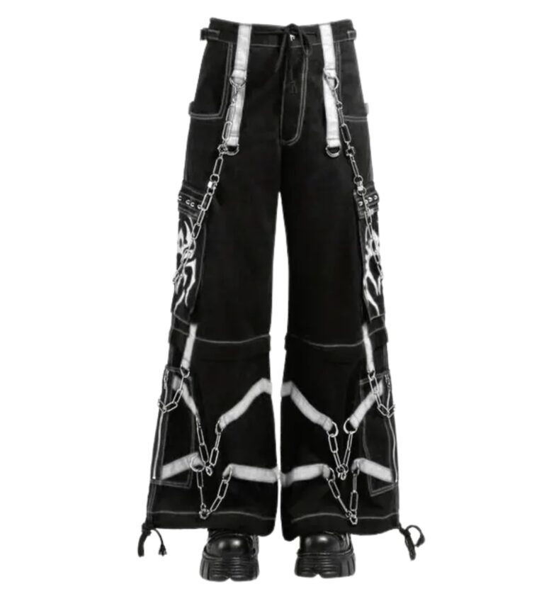 Front view of White Flame Rebellion Chain Cargo Pants with white flame art and metal chains – X Gothic.