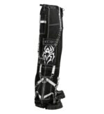Side view of black gothic pants showing chain detailing and white flame graphics – X Gothic