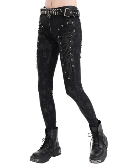 Side view of black gothic lace-up pants with skull studs