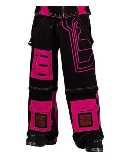 Neon cyber cargo pants front view electric rave streetwear by X GOTHIC