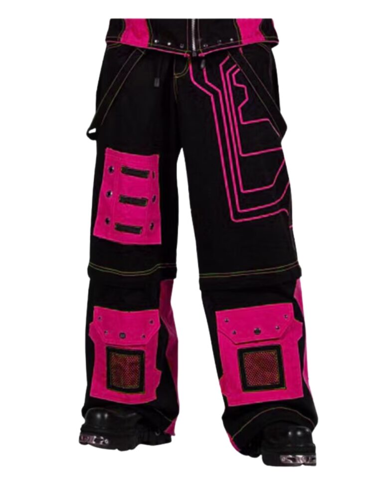 Neon cyber cargo pants front view electric rave streetwear by X GOTHIC