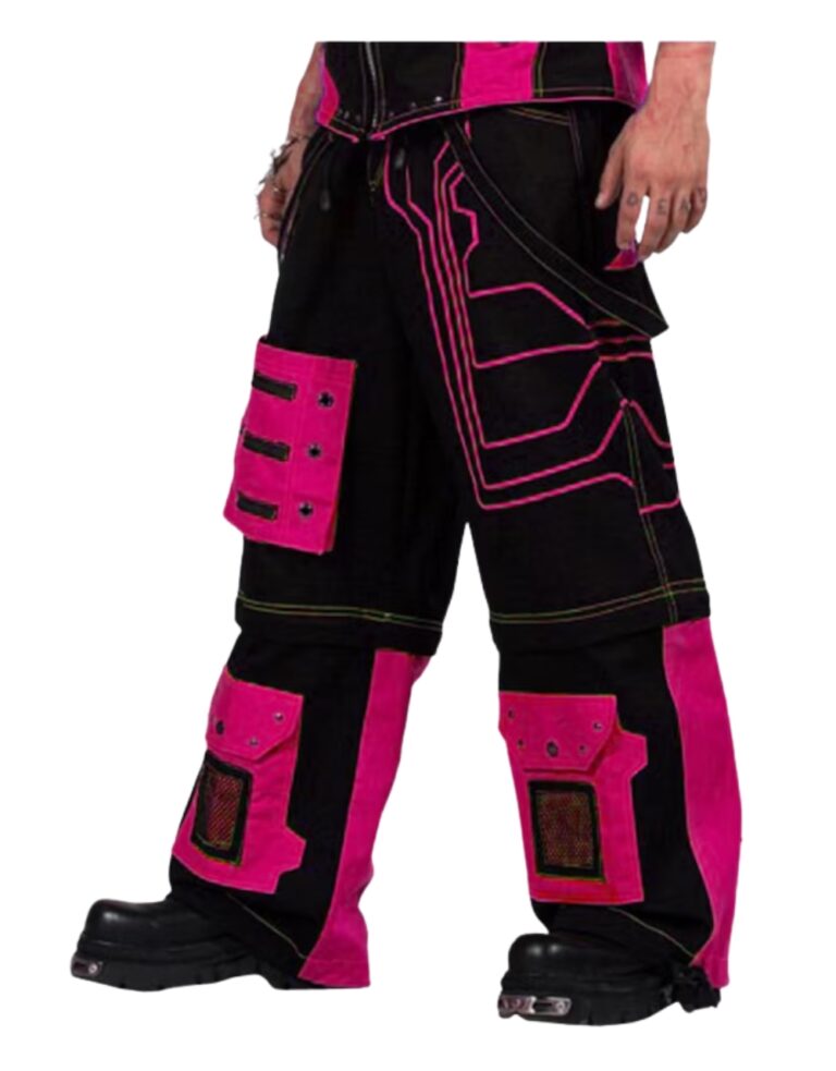 Side view of neon cyber goth cargo pants with futuristic panels