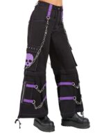 Side view of women black purple gothic chain pants streetwear