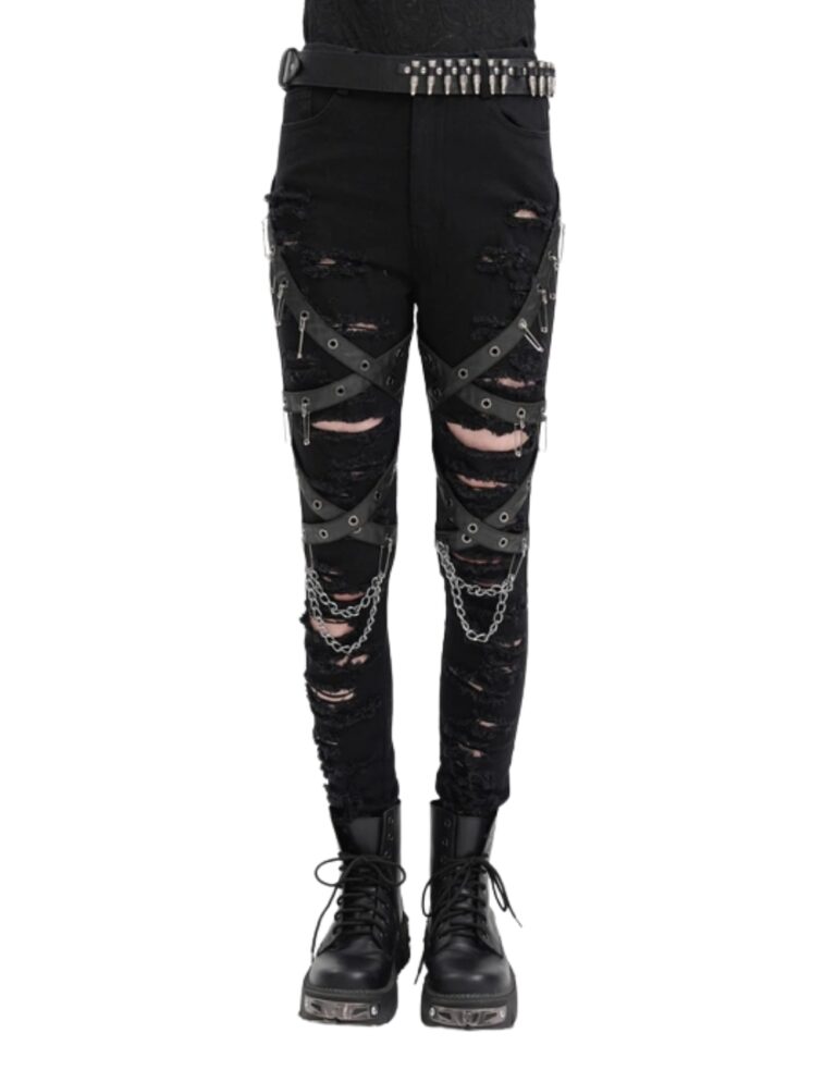 women gothic chain pants ripped front view by X GOTHIC