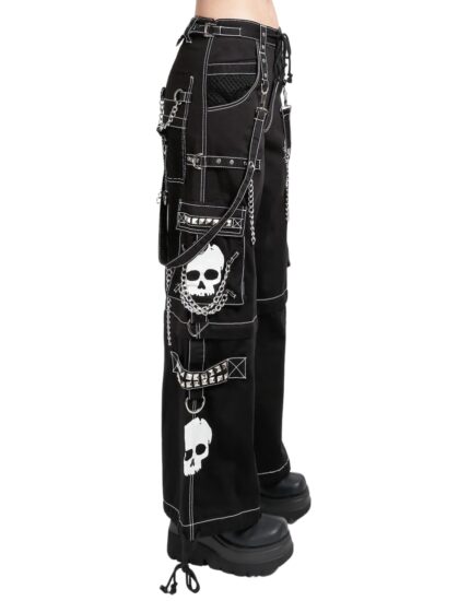 Side view of women black skull gothic wide leg pants with chains