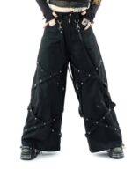 Women gothic wide leg pants black strap front view by X GOTHIC