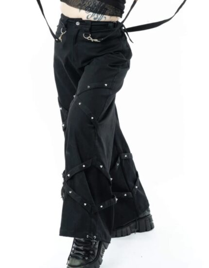 side view of women black gothic wide leg strap pants