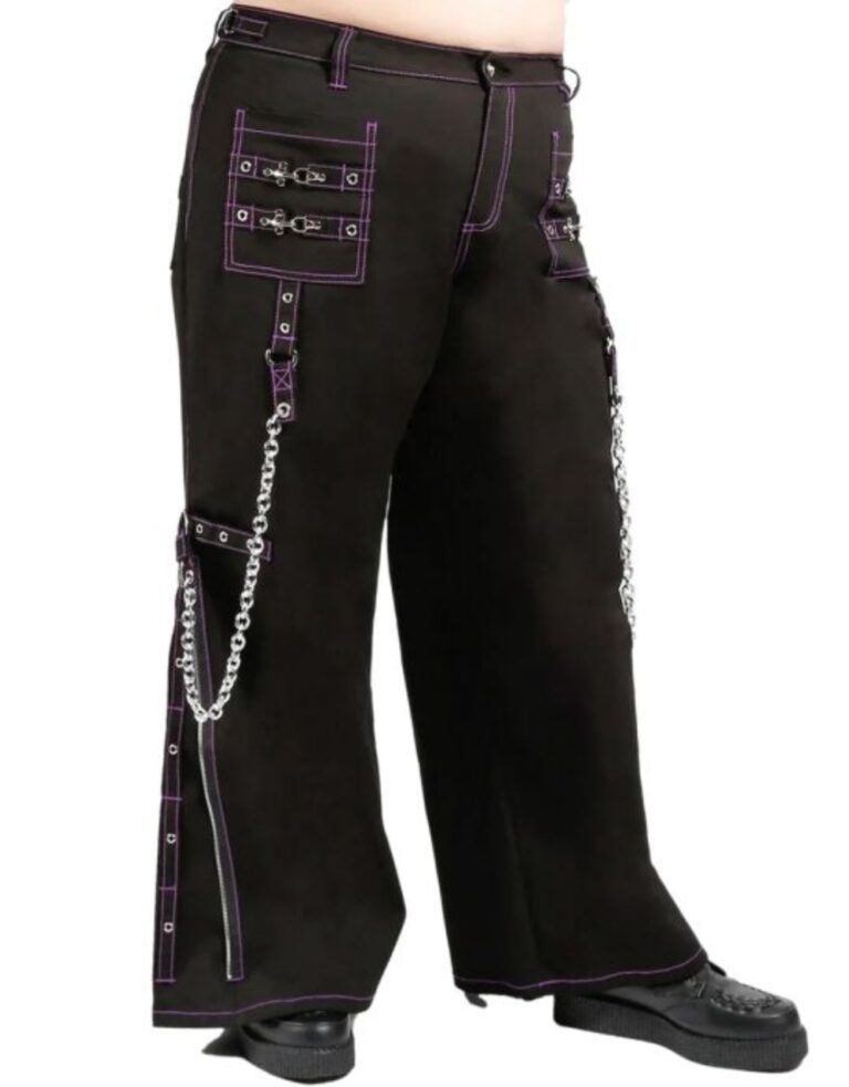 Side view of X GOTHIC Midnight Violet chain cargo pants with violet stitching