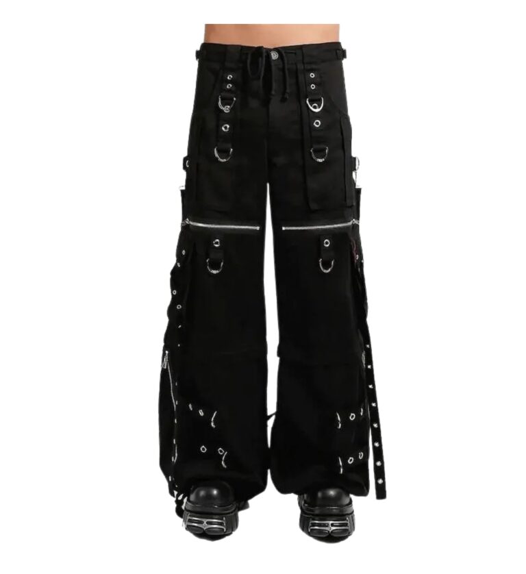 Front view of Night Reaper Strap Cargo Pants with metal rings and zipper accents – X Gothic.