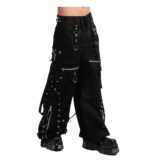 Side view of black gothic cargo pants showing D-rings and straps – X Gothic.