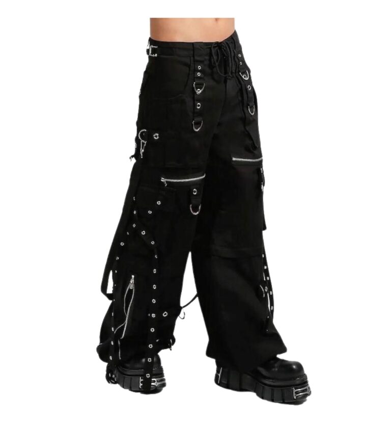 Side view of black gothic cargo pants showing D-rings and straps – X Gothic.