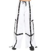 Front view of Gothic Point White Rebel Chain Pants with black straps and silver chains – X Gothic.