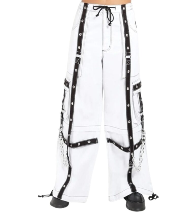 Front view of Gothic Point White Rebel Chain Pants with black straps and silver chains – X Gothic.