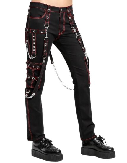 Side view of X GOTHIC punk gothic slim pants with red stitching