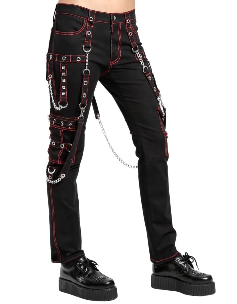 Side view of X GOTHIC punk gothic slim pants with red stitching