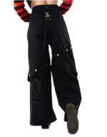 Back view of X GOTHIC women gothic streetwear pants black