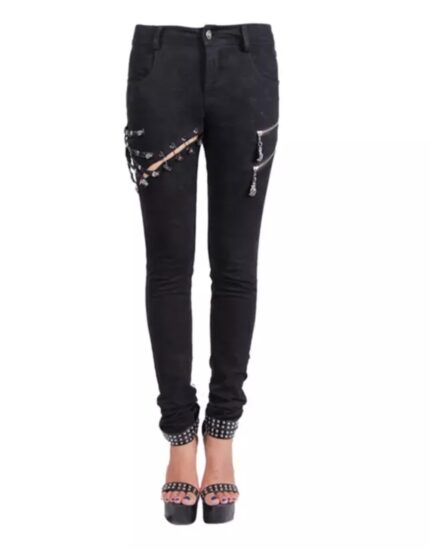 X GOTHIC women gothic skinny pants with chain detail front view