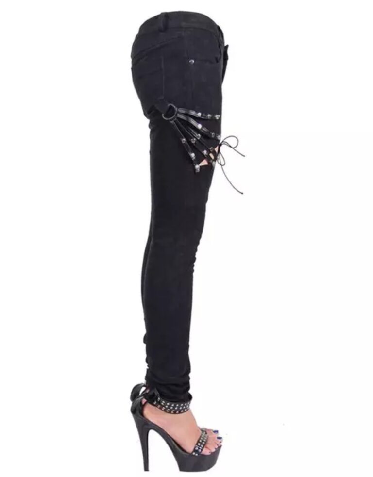 Side view of X GOTHIC gothic skinny pants with metal chain