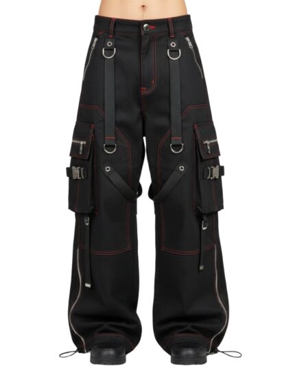 X GOTHIC red stitch gothic cargo pants front view with wide leg design