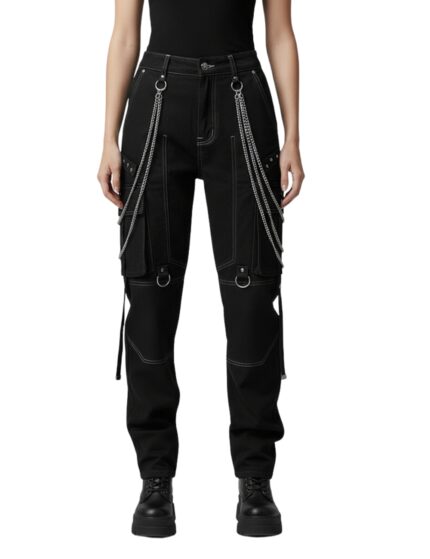 X GOTHIC DarkMatter black gothic cargo pants with chains and straps front view