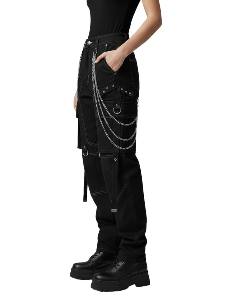 Side view of X GOTHIC DarkMatter alternative cargo pants with metal chains