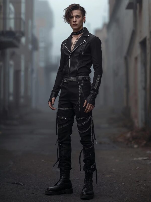 Male model wearing X GOTHIC black men’s gothic pants with chains, straps, and metal hardware in a dark urban alley, representing the Men’s Gothic Pants category.