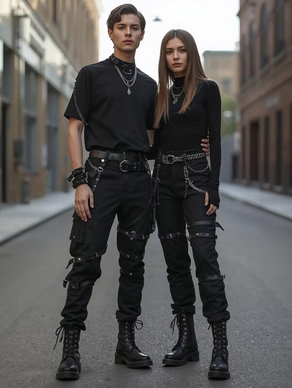 Unisex gothic pants category image showing male and female models wearing black gothic pants with chains, straps, and metal hardware by X GOTHIC in a natural urban street setting.