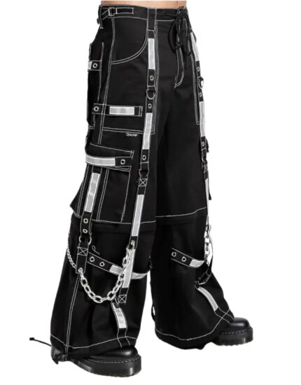 Side view of X GOTHIC cyber industrial cargo pants with metal chains