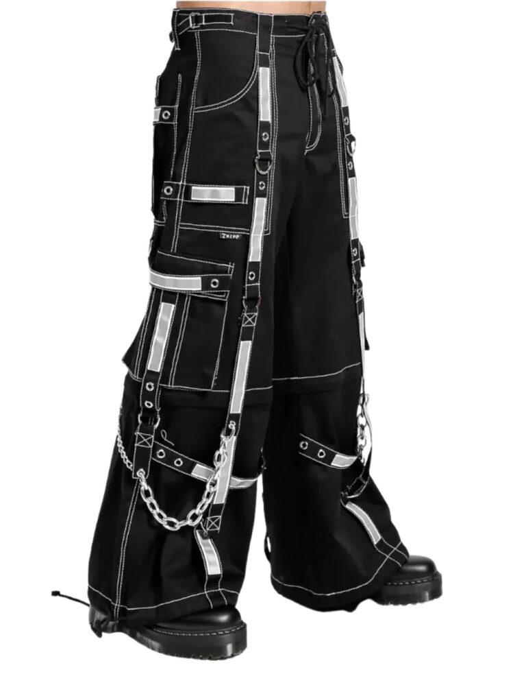 Side view of X GOTHIC cyber industrial cargo pants with metal chains
