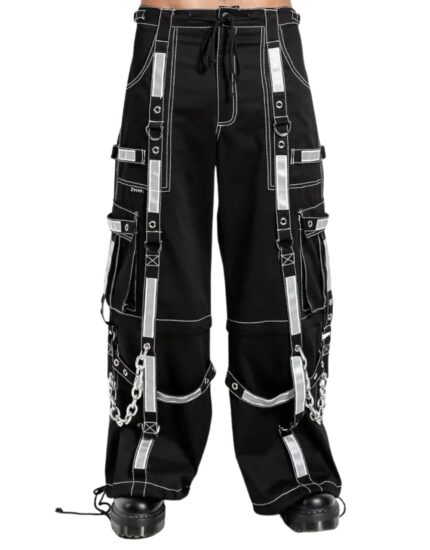 X GOTHIC white flame gothic cargo pants front view with chains and straps