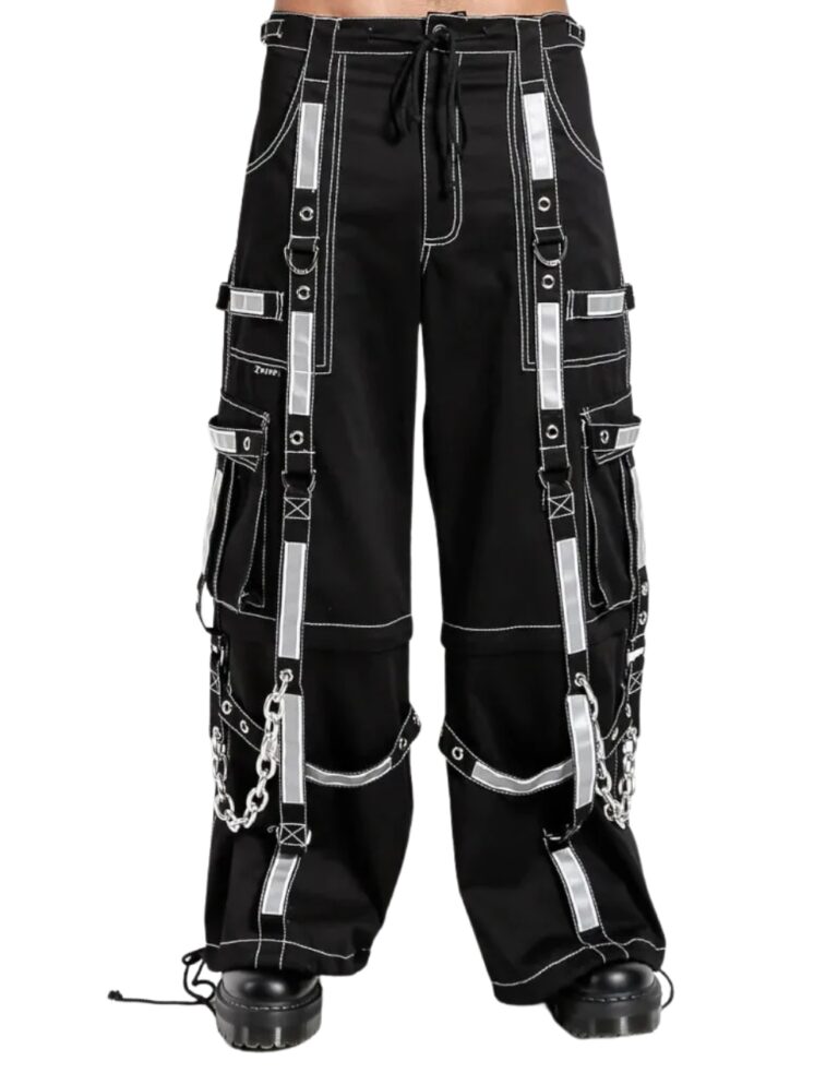 X GOTHIC white flame gothic cargo pants front view with chains and straps