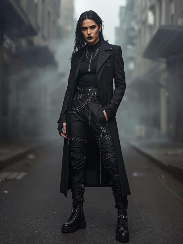 Female model wearing X GOTHIC black women’s gothic pants with chains, straps, and metal details paired with a long dark coat in a moody urban street setting, representing the Women’s Gothic Pants category.